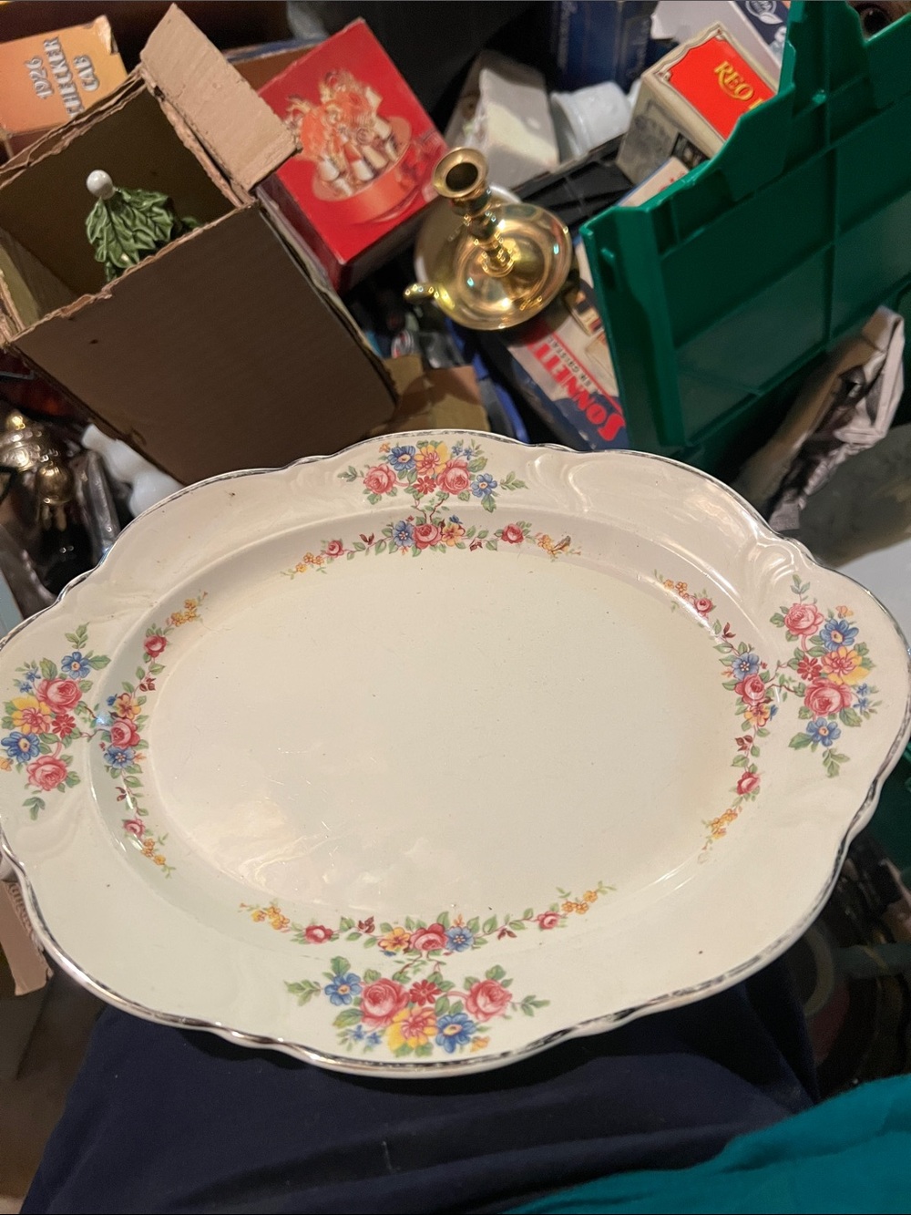 Vintage Floral Pattern Ceramic Serving Platter in Cream with Pink & Blue Accents